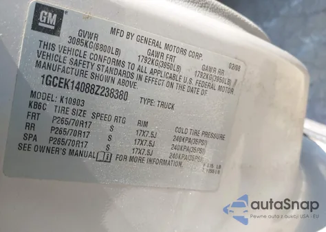 2008 Chevrolet Silverado 1500 Work Truck z USA, uszkodzony, nr VIN 1GCEK14088Z238380